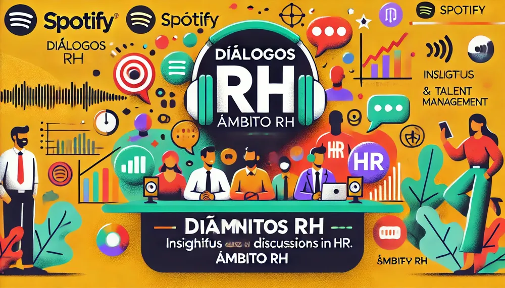DALL·E 2024-11-12 09.32.23 - A vibrant, modern, and professional podcast cover illustration for a new podcast titled 'Diálogos RH' by Ámbito RH, specializing in human resources an