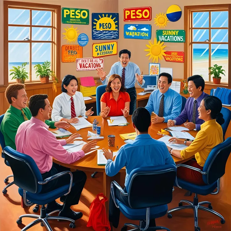 imagen con un grupo de personas reales en una oficina donde aparezcan signo pesos, dias de sol, vacaciones