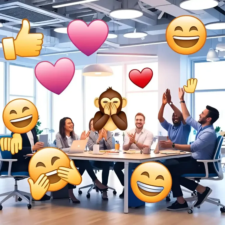 Varios emoticos de dedo pulgar hacia arriba, corazon, beso, aplauso, mono tapandose los ojos todos como flotando en el aire de una oficina