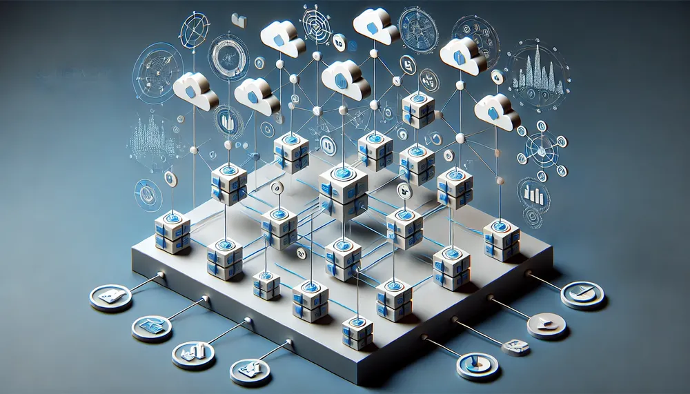 DALL·E 2024-10-17 15.02.23 - A 3D network ecosystem diagram with interconnected blocks, based on the uploaded image. The design should remove all the text and labels, but retain t