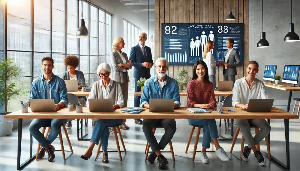 DALL·E 2024-11-07 10.04.22 - A realistic, panoramic image showing a small, diverse HR team including older individuals and women of different ages in a modern office space. The te